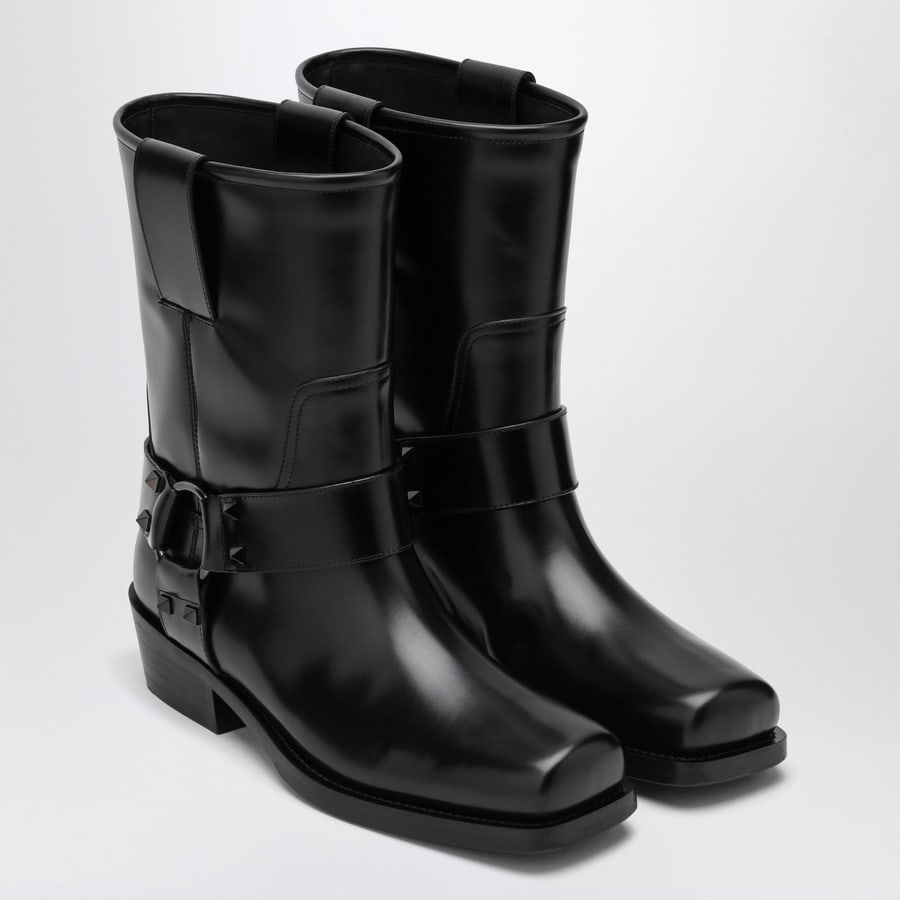 Valentino Garavani Stivale basso Biker Rockstud nero in pelle, view 2