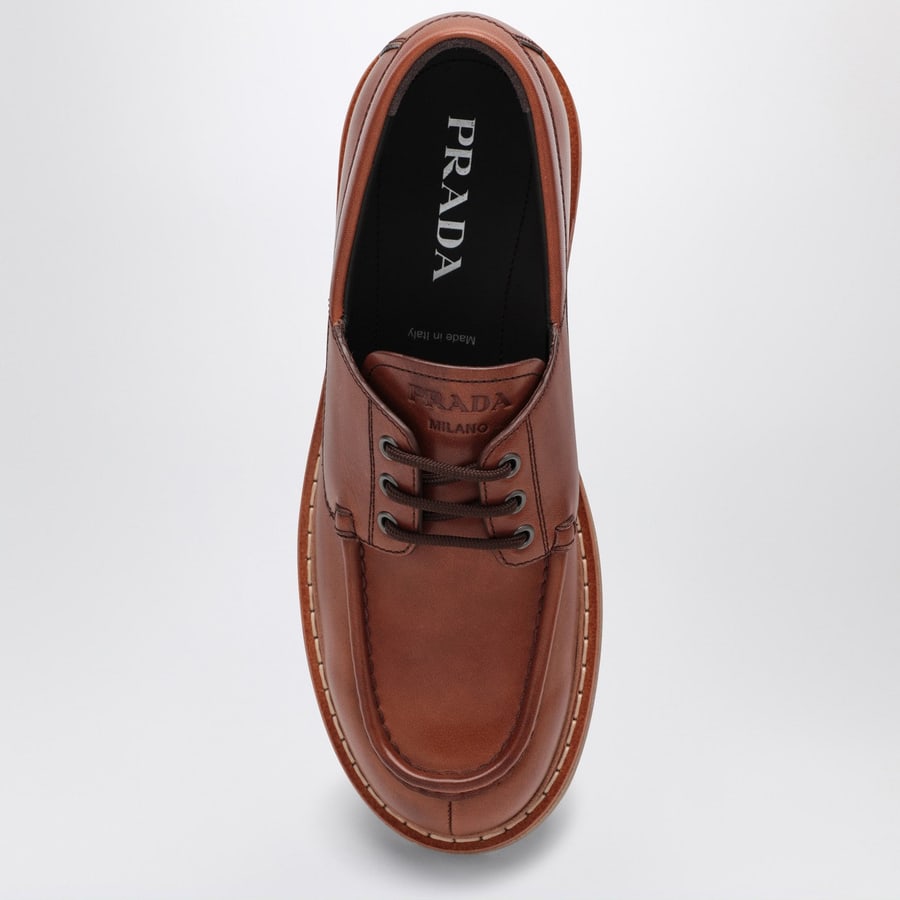 Prada Mocassini stringati in pelle cognac, view 3