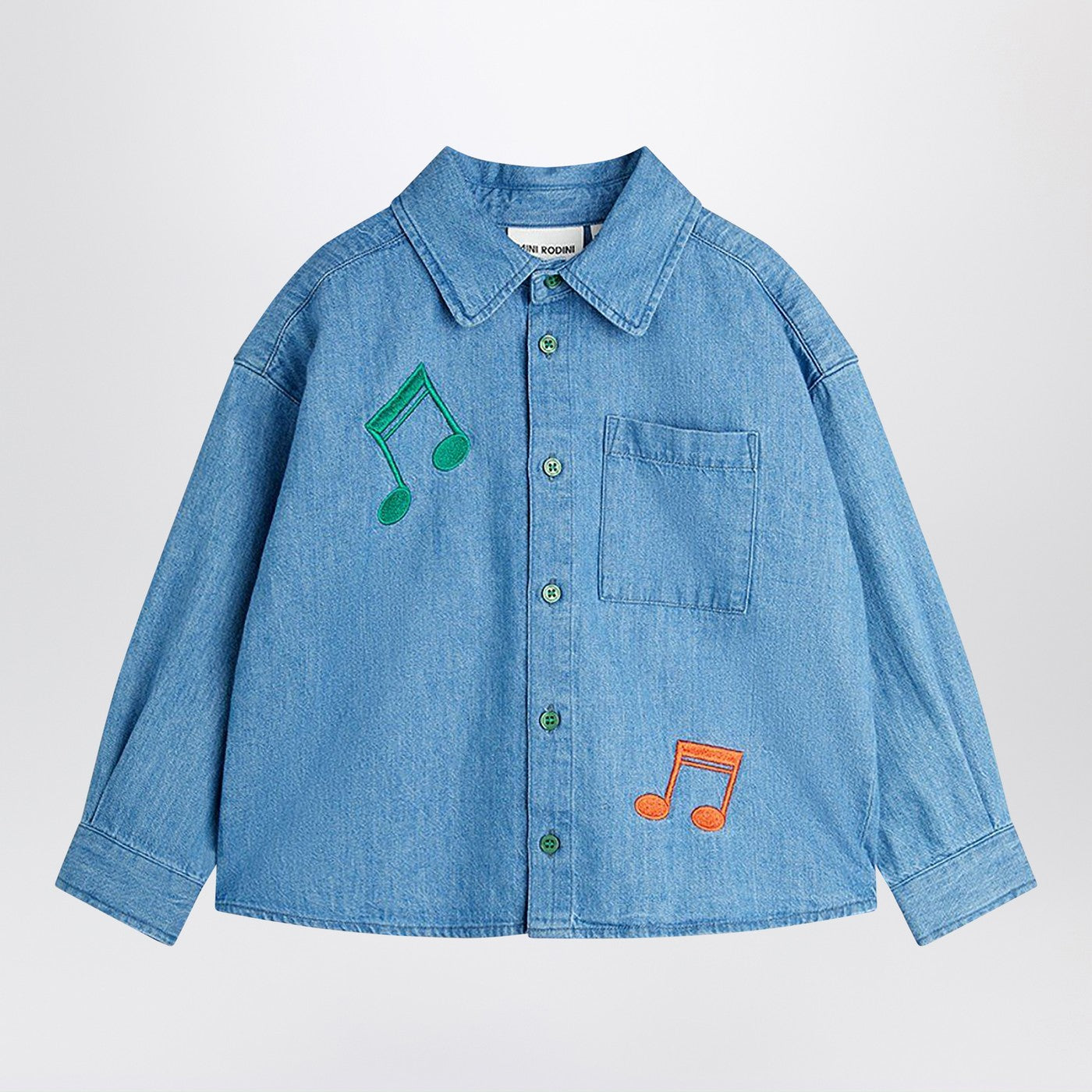 MINI RODINI Camicia azzurra in denim con note musicali