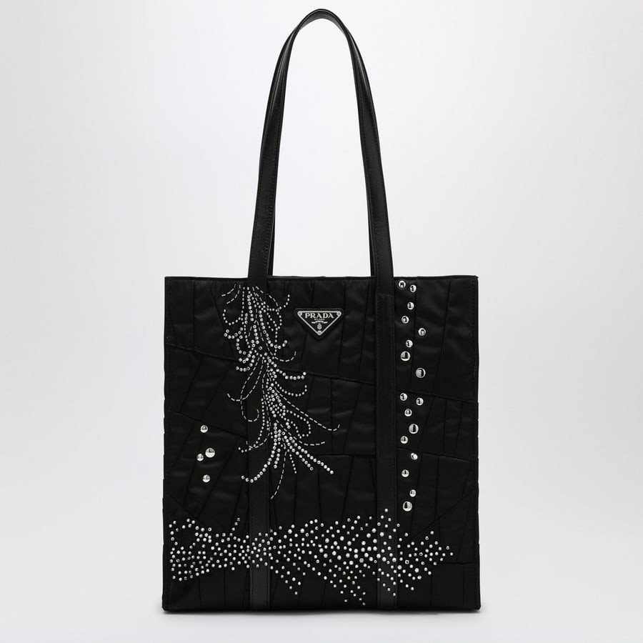 Prada Borsa shopping media nera in Re-Nylon con ricamo