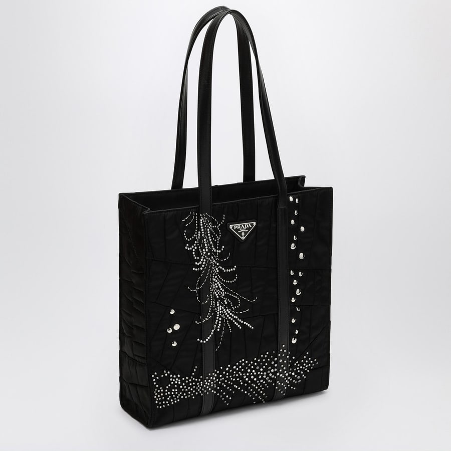 Prada Borsa shopping media nera in Re-Nylon con ricamo, view 3
