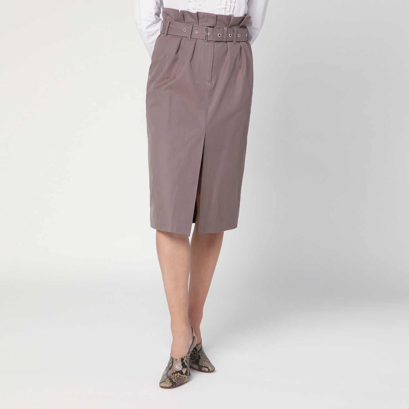 Dries Van Noten Gonna taupe in cotone con cintura