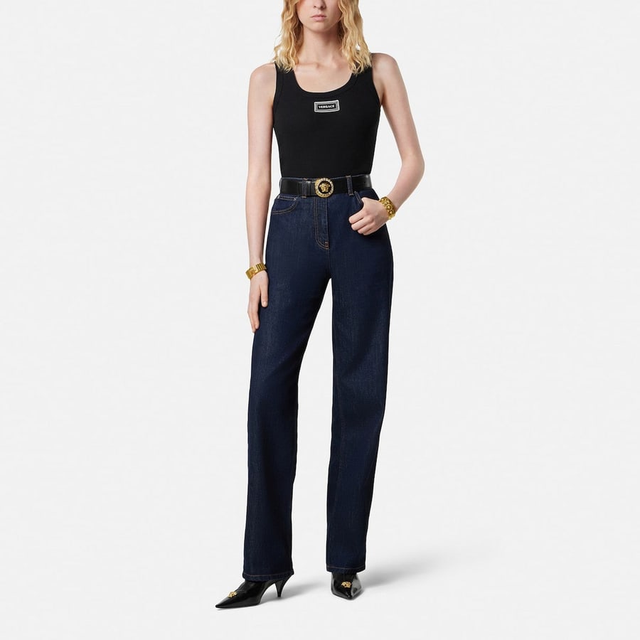 Versace Canotta a coste stretch in cotone nera, view 2