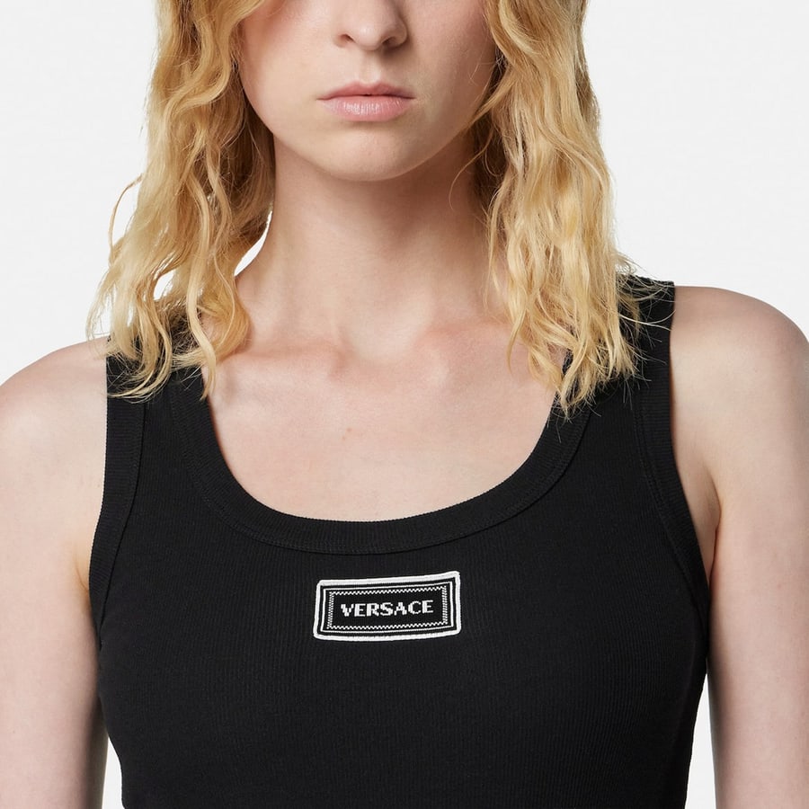 Versace Canotta a coste stretch in cotone nera, view 4
