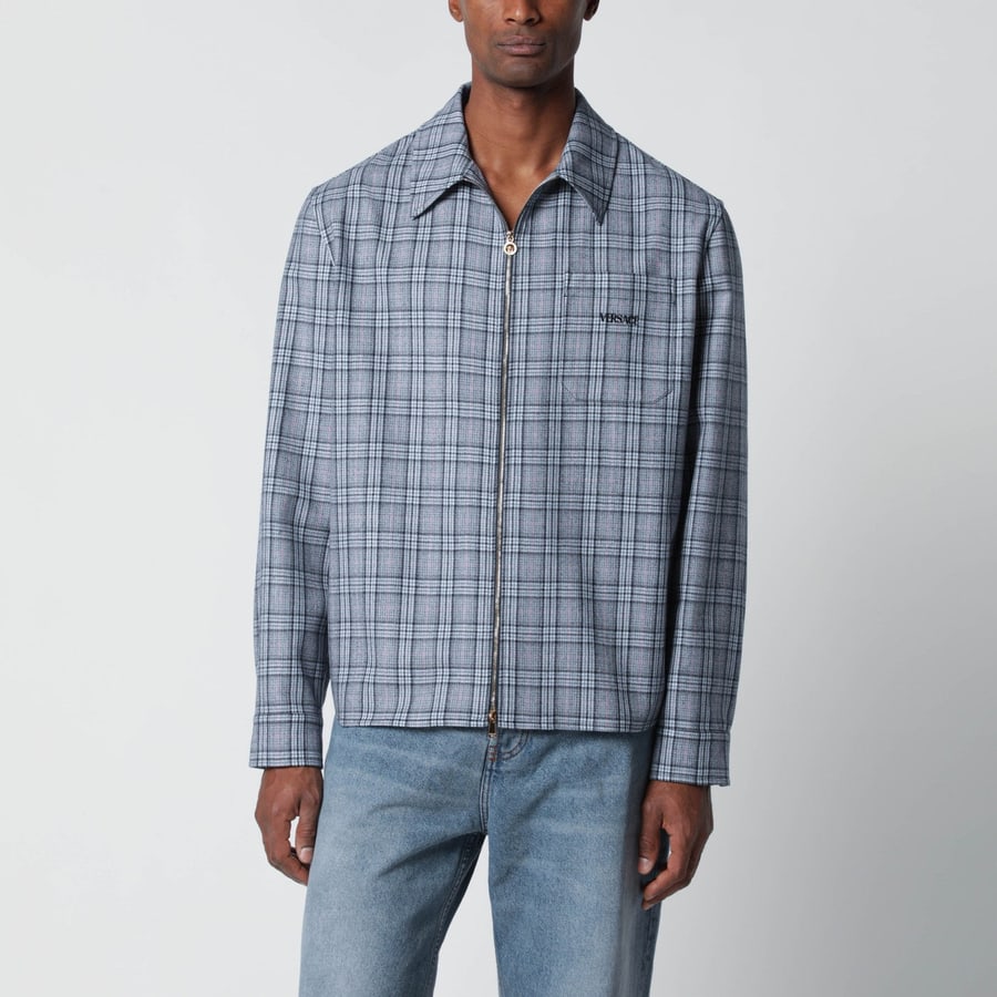 Versace Camicia con zip azzurra a quadri