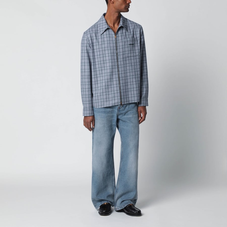 Versace Camicia con zip azzurra a quadri, view 2