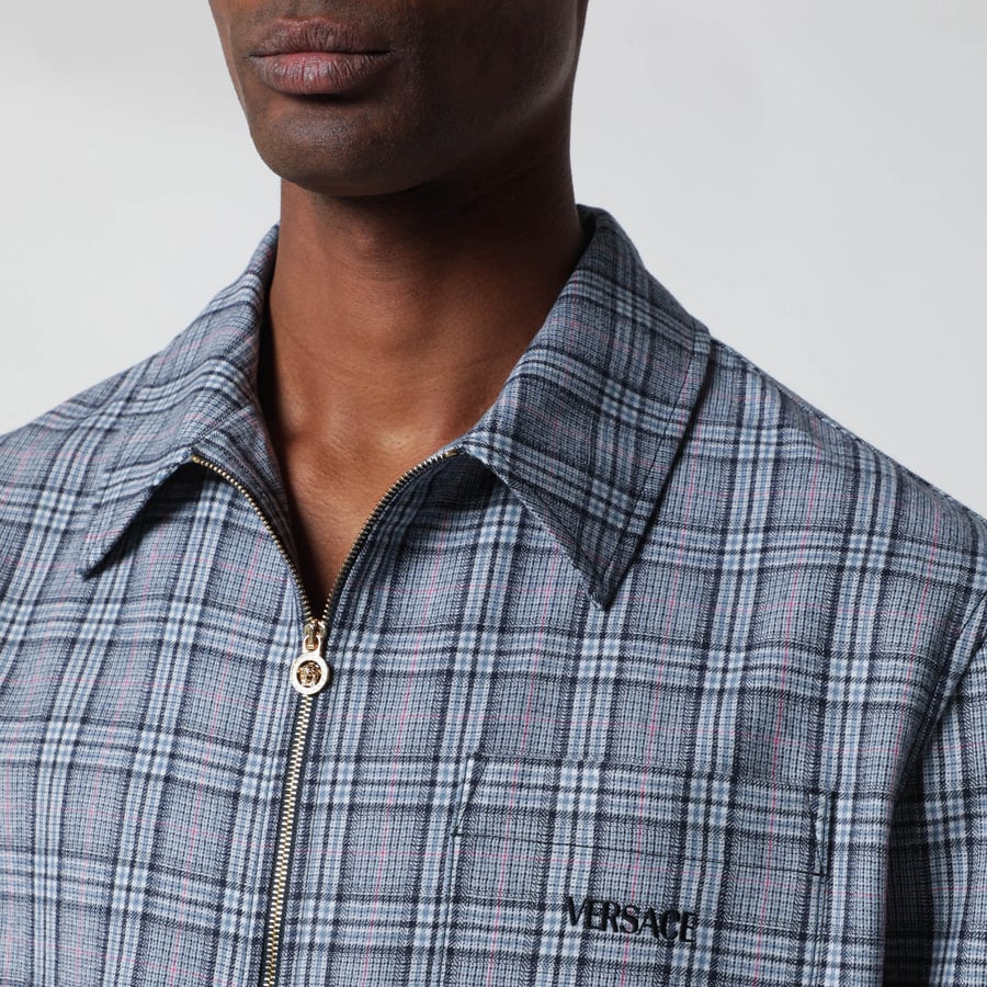 Versace Camicia con zip azzurra a quadri, view 4