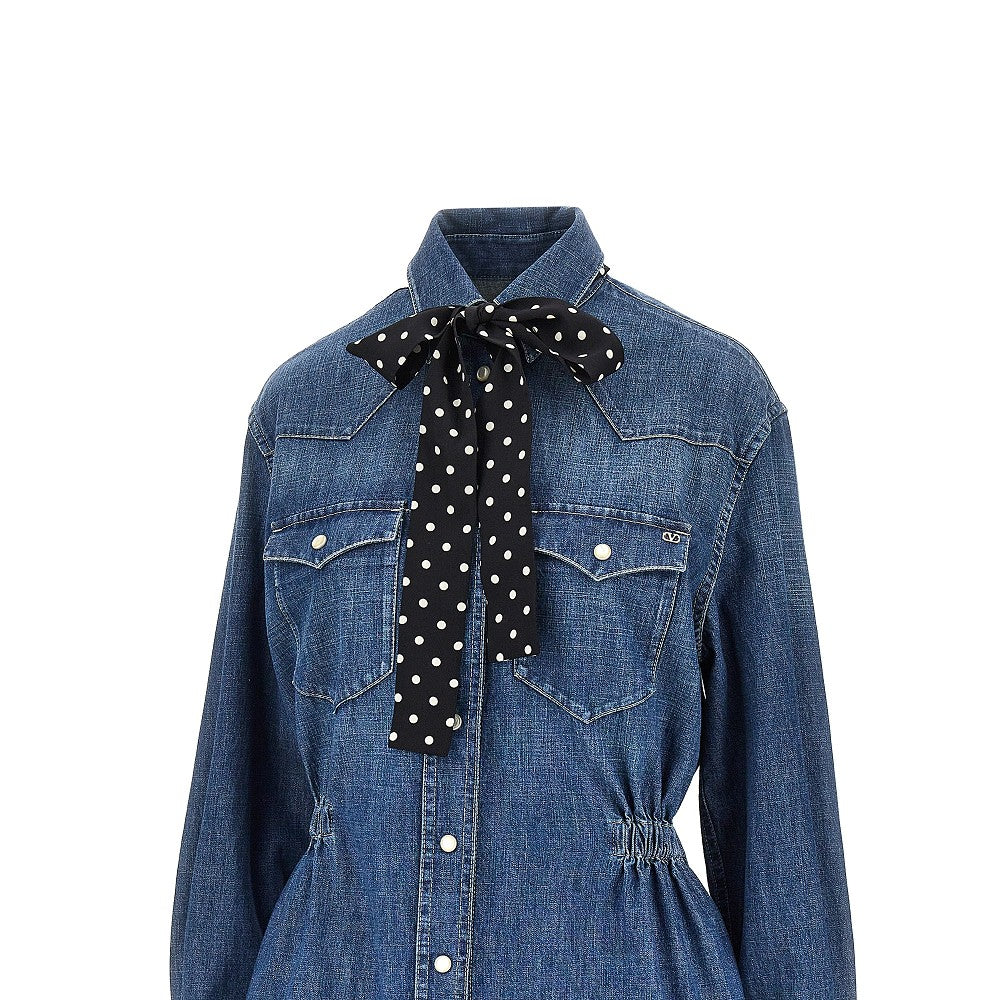 VALENTINO Mini abito in denim con fiocco in seta, view 2