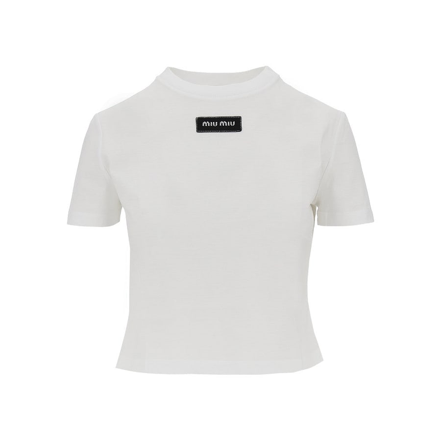 Miu Miu T-shirt cropped con patch logo