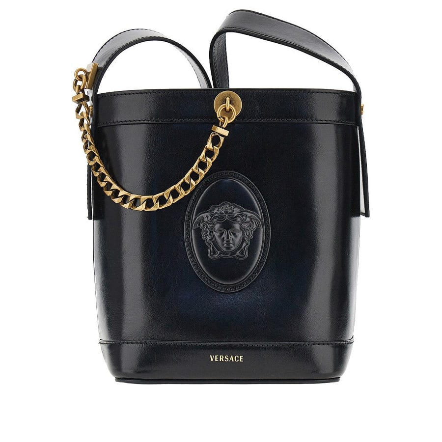 Versace Borsa a secchiello in pelle con patch Medusa