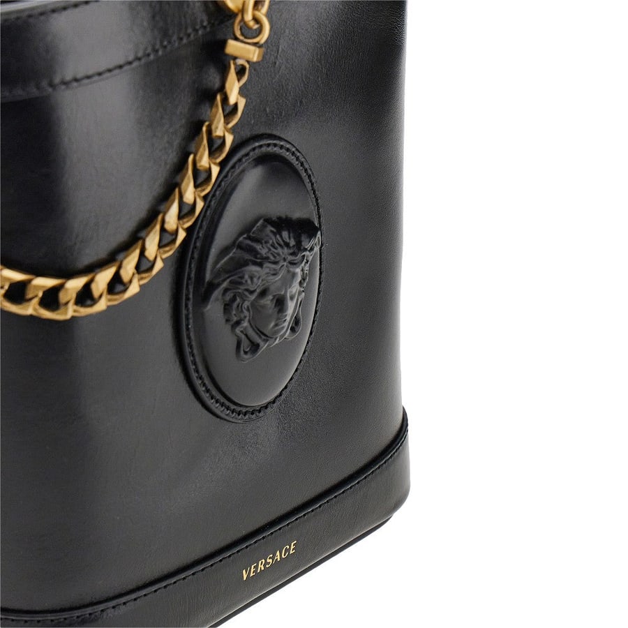 Versace Borsa a secchiello in pelle con patch Medusa, view 4