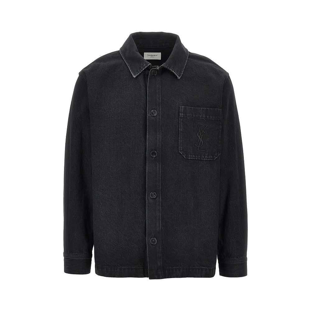 Saint Laurent Overshirt in denim con ricamo Cassandre
