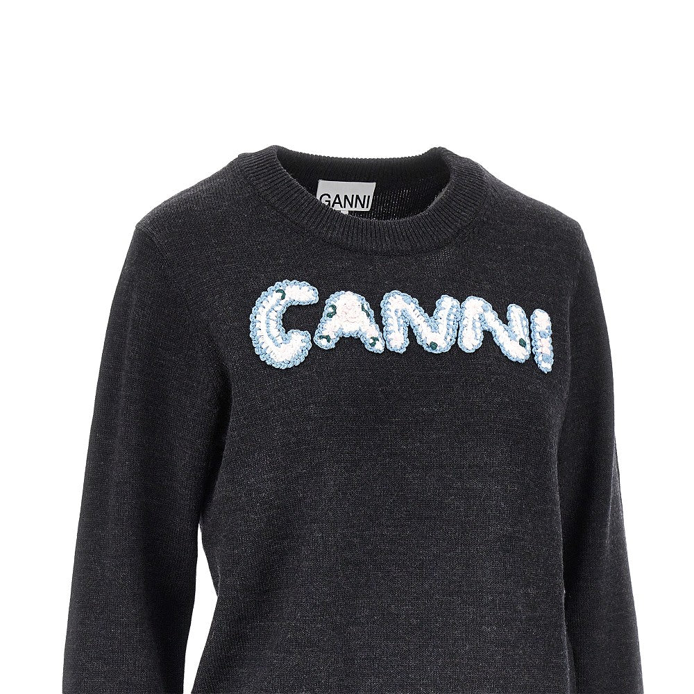 Ganni Pullover in misto lana e cotone con ricamo, view 2