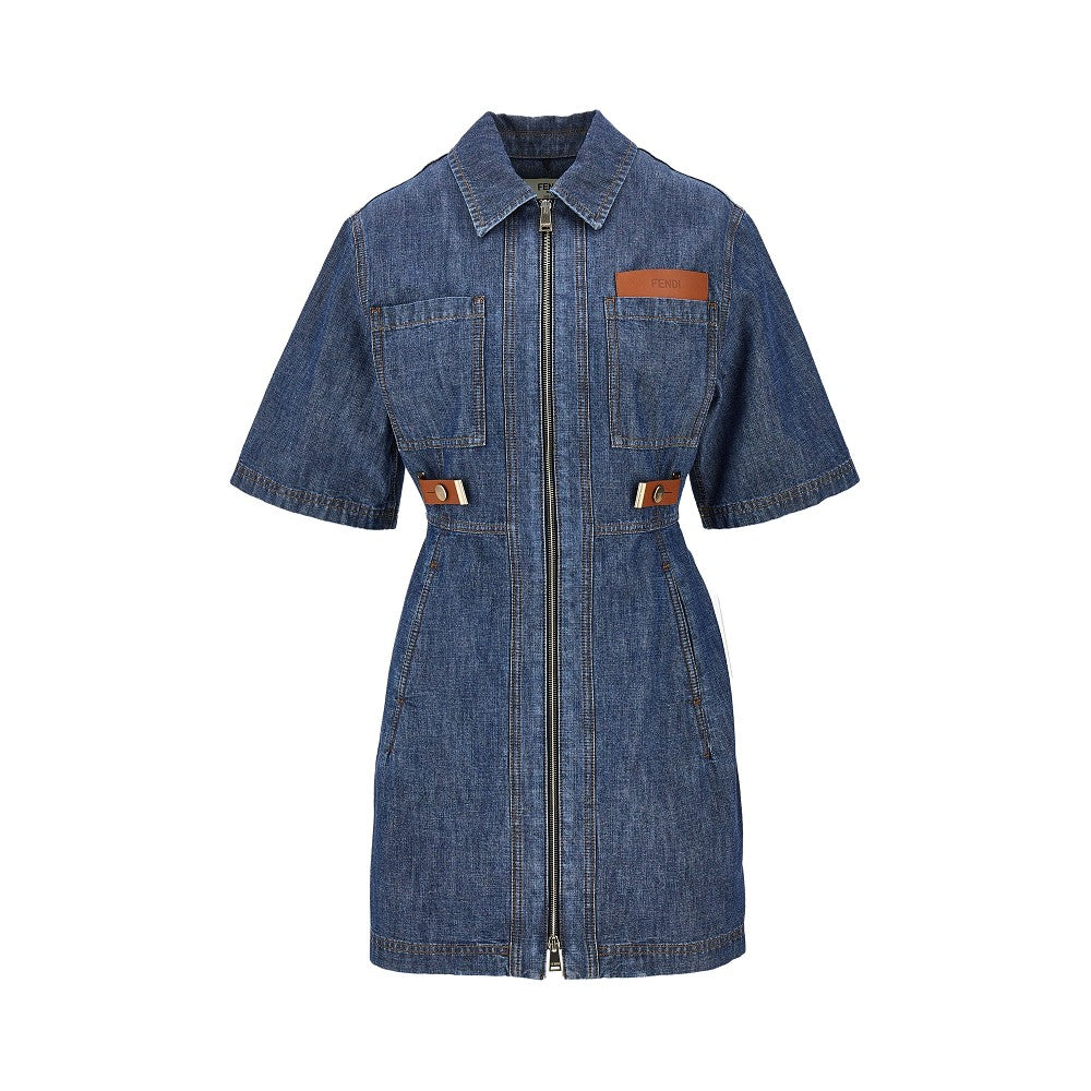 Fendi Mini abito in chambray con dettagli in pelle
