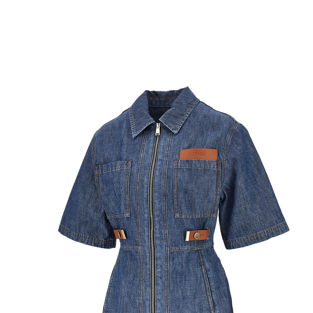 Fendi Mini abito in chambray con dettagli in pelle, view 2
