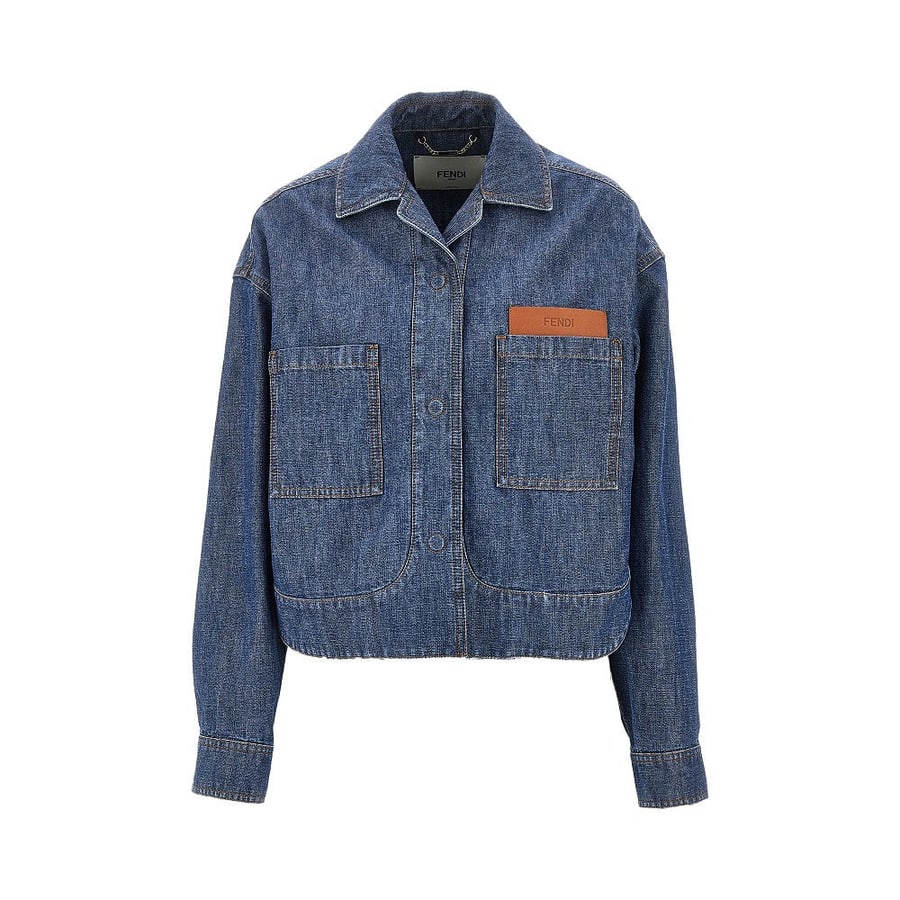Fendi Giacca corta in chambray con tasca in pelle