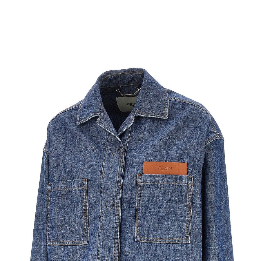 Fendi Giacca corta in chambray con tasca in pelle, view 2
