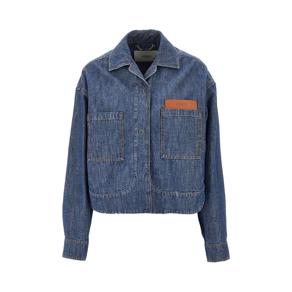 Fendi Giacca corta in chambray con tasca in pelle