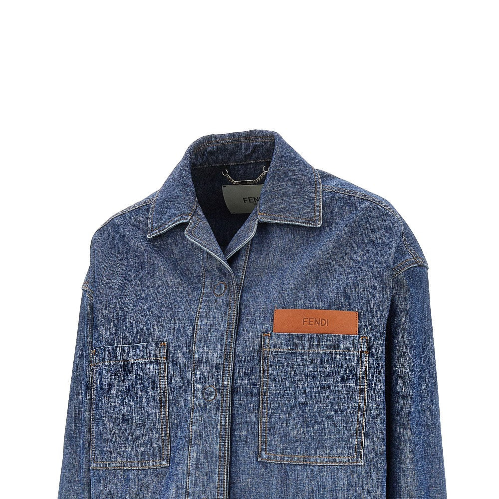Fendi Giacca corta in chambray con tasca in pelle, view 2