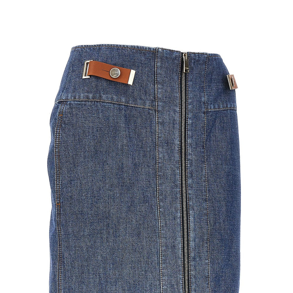 Fendi Gonna in chambray con linguette in pelle, view 2