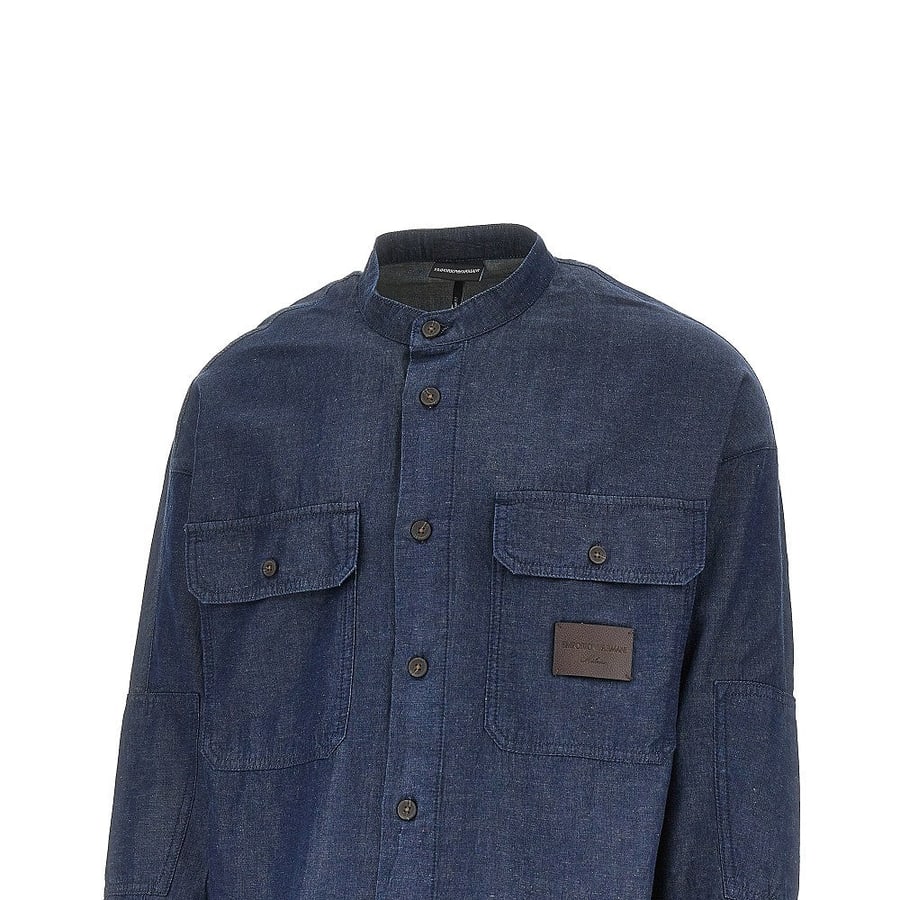 Emporio Armani Camicia in chambray con targhetta logo, view 2