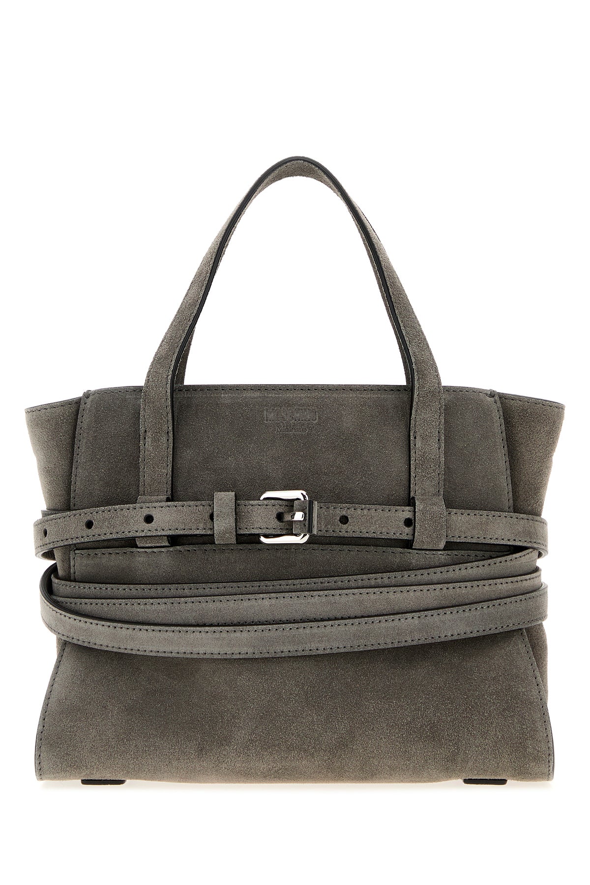 Moschino Borsa a mano Moschino Tie Me in pelle scamosciata grigia