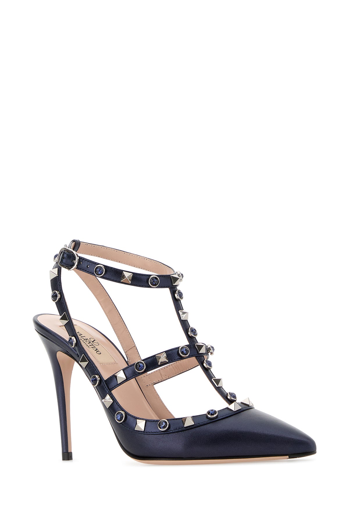 Valentino Garavani Scarpe con tacco Rockstud in pelle blu scuro, view 2