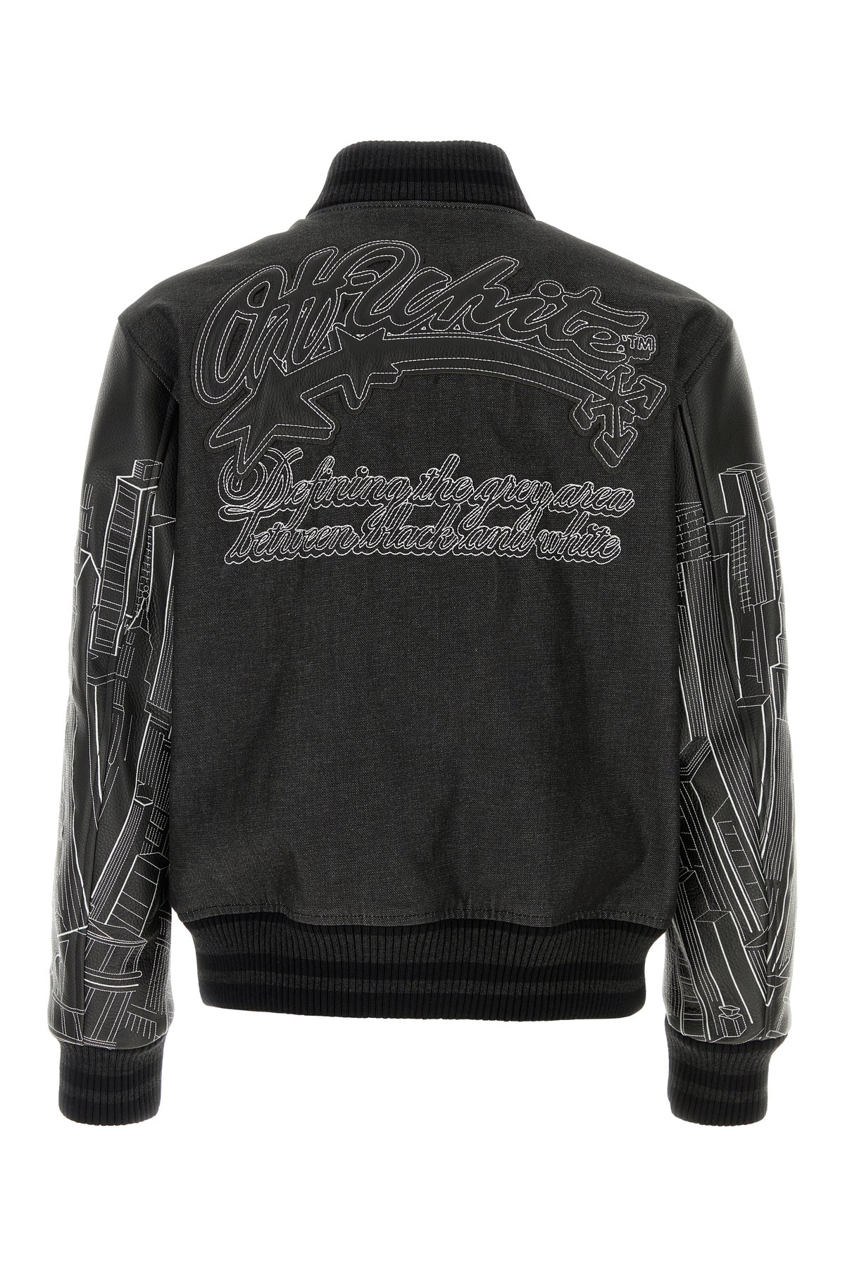 Off-White Bomber nero in denim e pelle, view 2