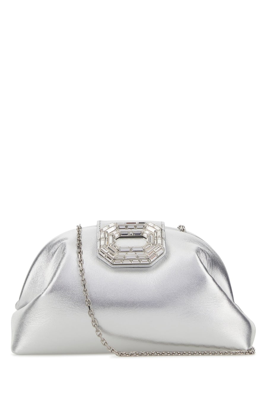 Amina Muaddi Clutch Camelia in pelle argento