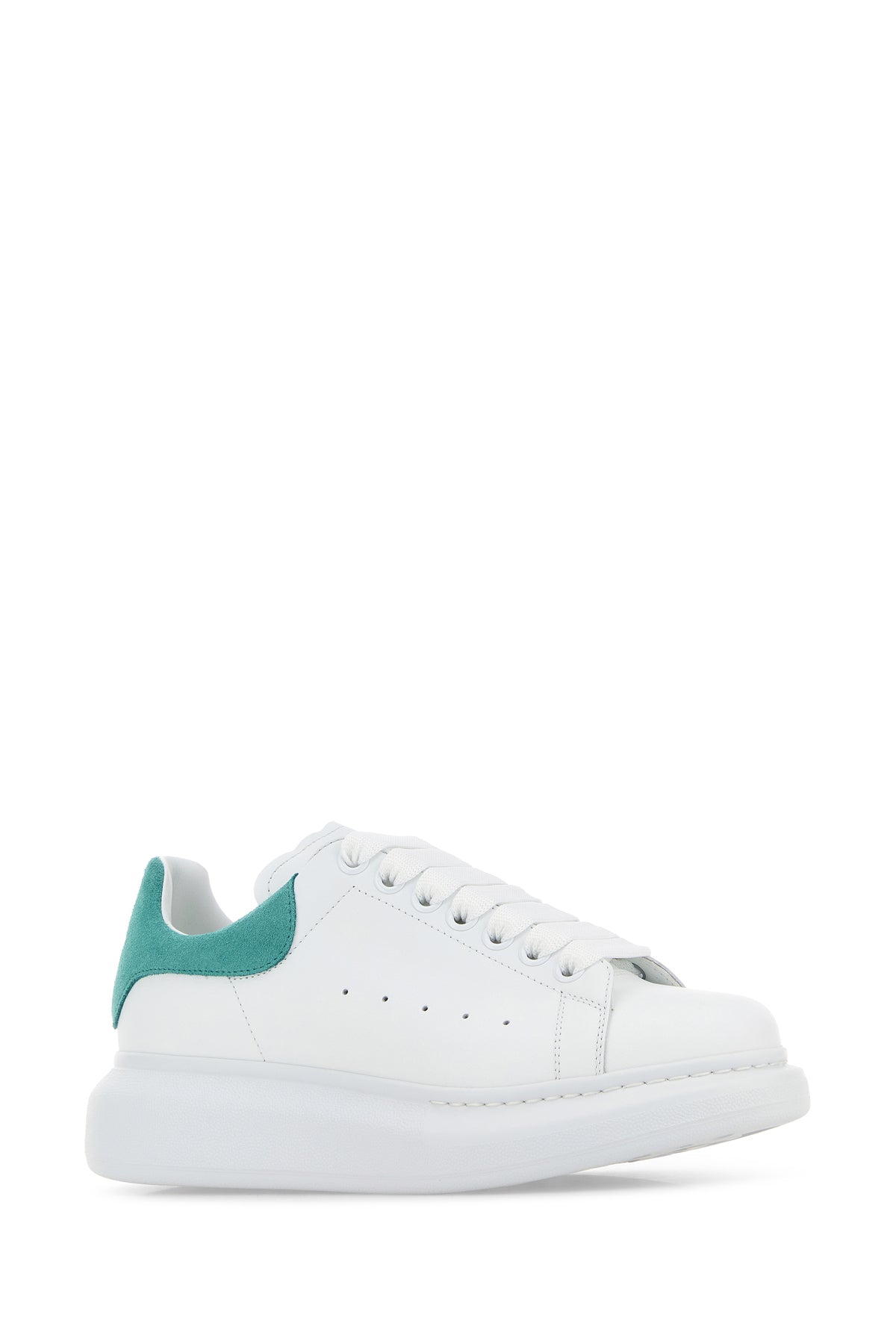 Alexander McQueen Sneakers in pelle bianca con tallone in pelle scamosciata verde acqua