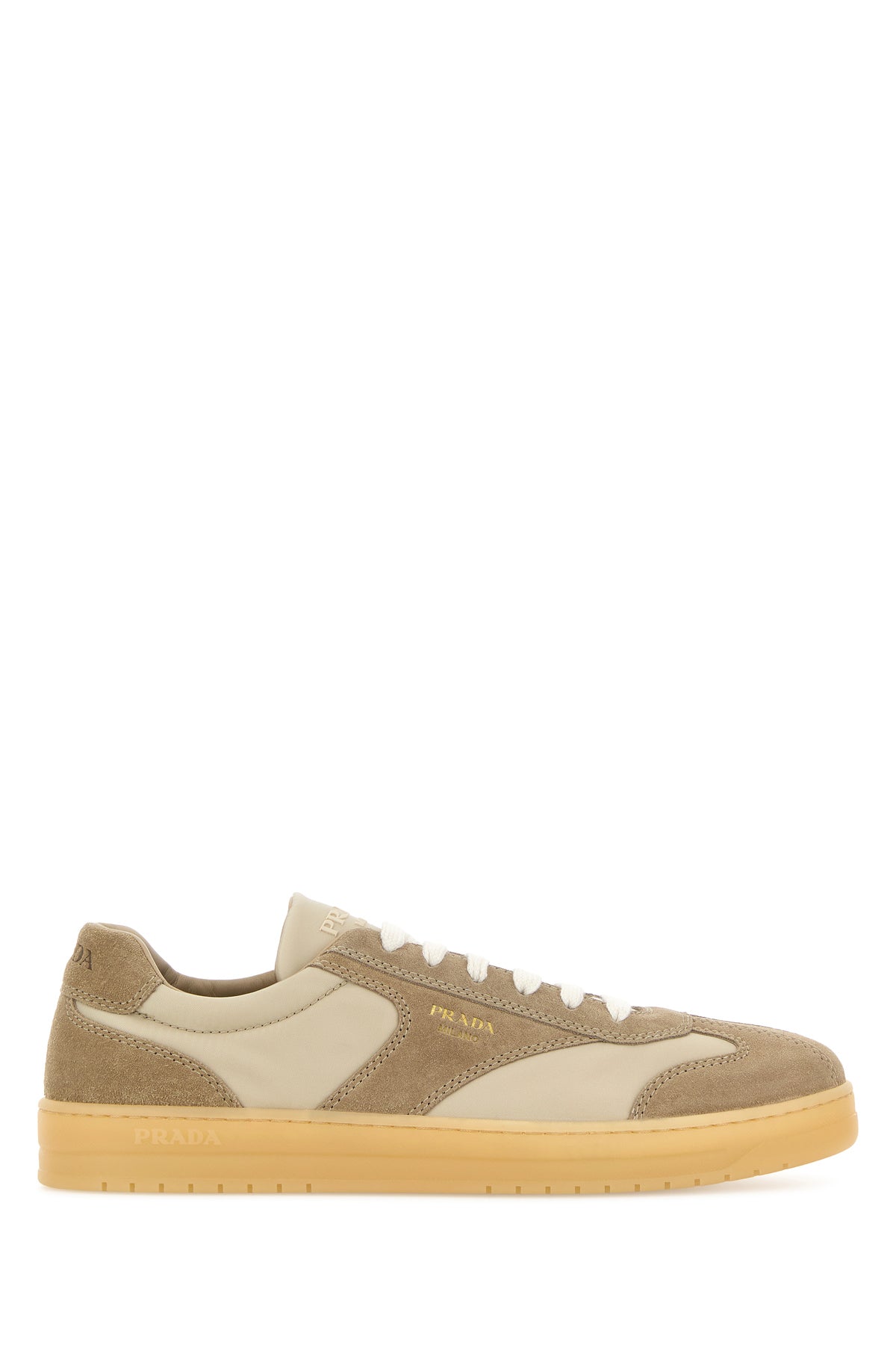 Prada Sneakers beige in pelle scamosciata e Re-Nylon