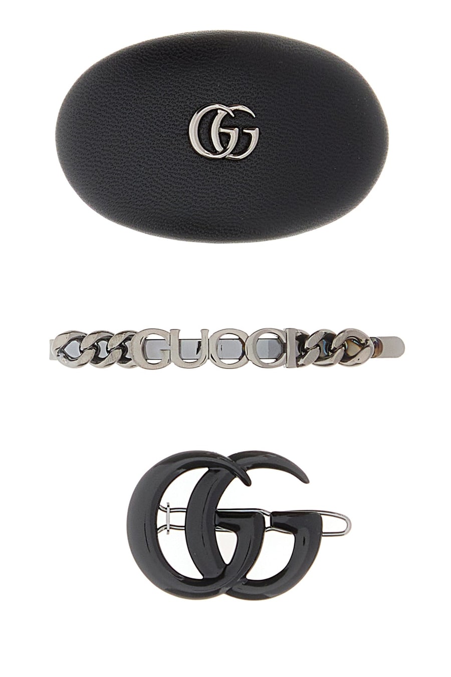 Gucci Set di fermagli per capelli neri in pelle e metallo