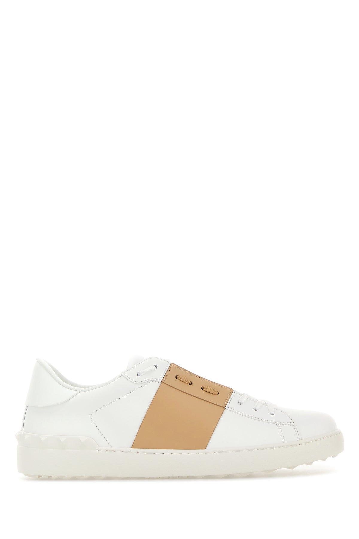 Valentino Garavani Sneakers Open in pelle bianca con banda cammello