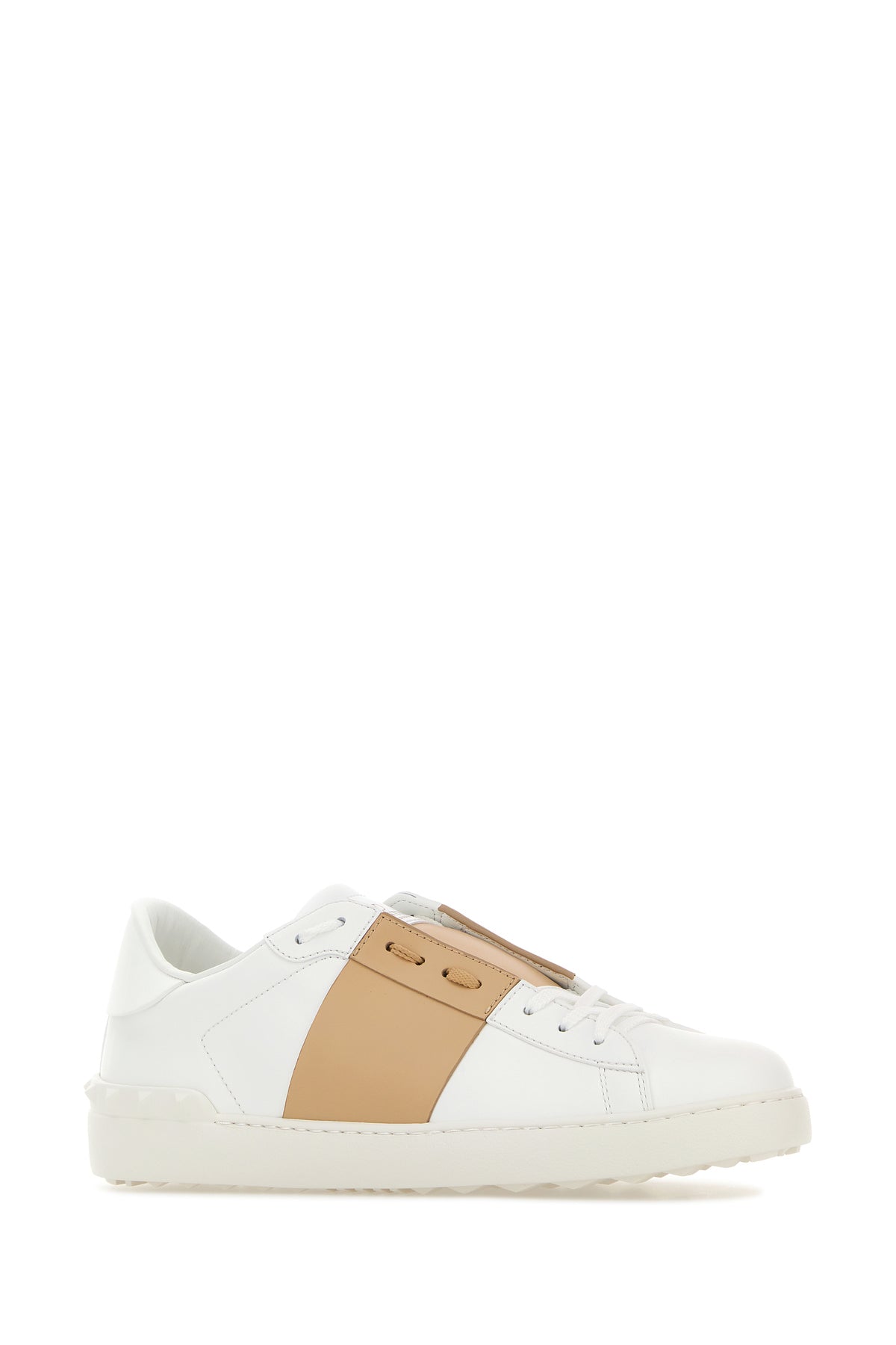 Valentino Garavani Sneakers Open in pelle bianca con banda cammello, view 2
