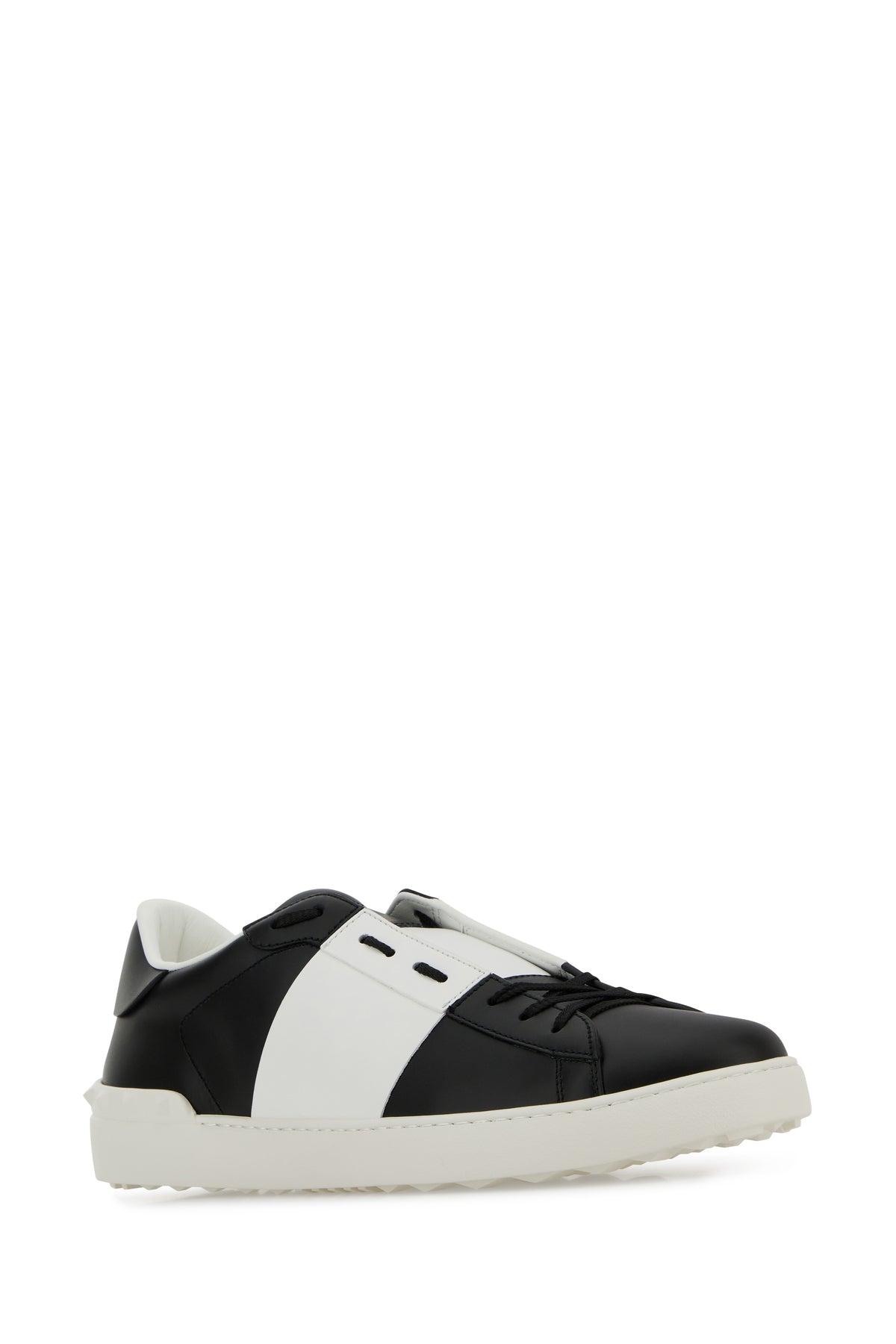 Valentino Garavani Sneakers Open in pelle nera con banda bianca, view 2