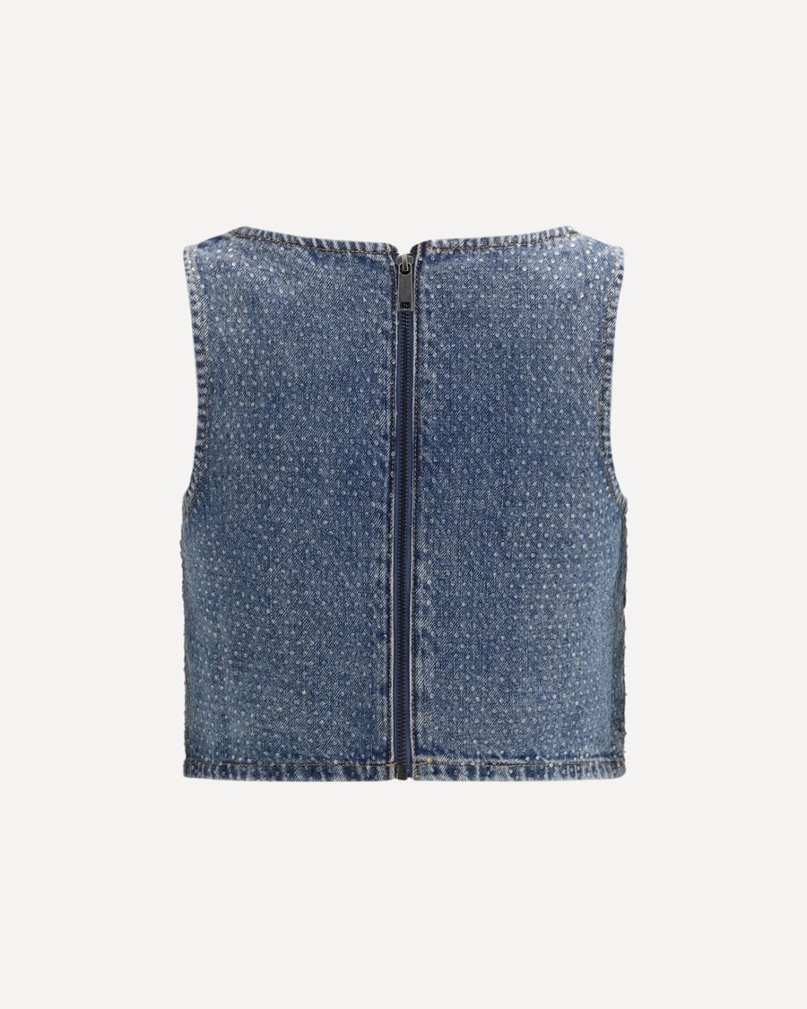 self-portrait Rhinestone denim crop Top, view 2