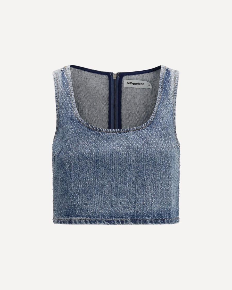 self-portrait Rhinestone denim crop Top, view 3