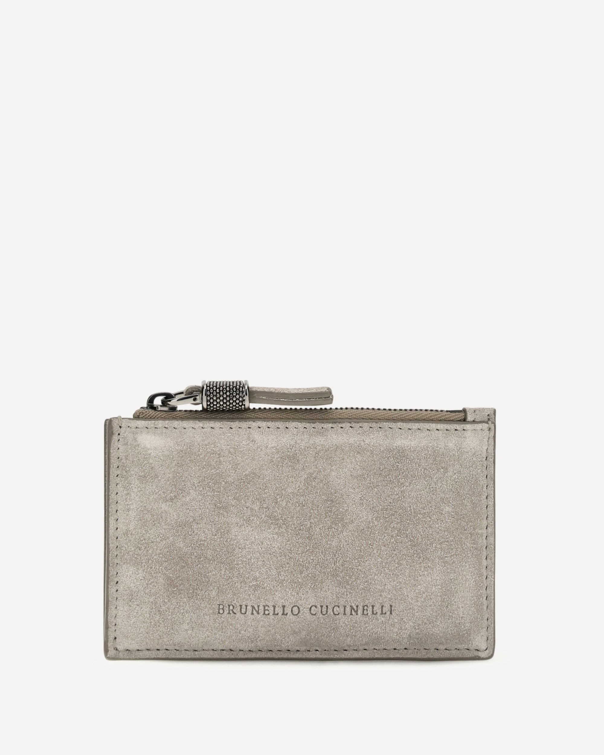 Brunello Cucinelli Suede Card Holder with Shiny Zipper Pull