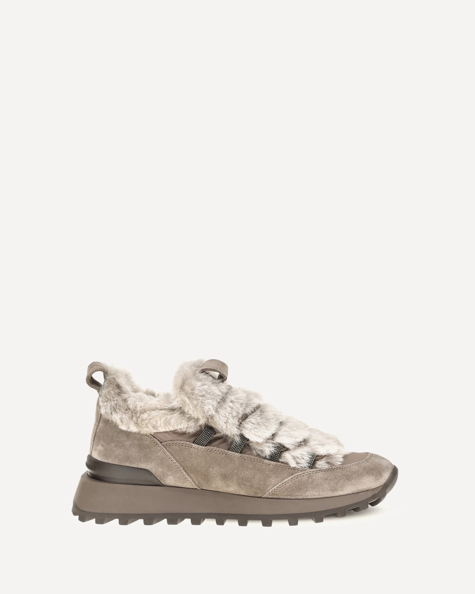 Brunello Cucinelli Suede and tech cotton Sneakers with shearling lining and monili detail