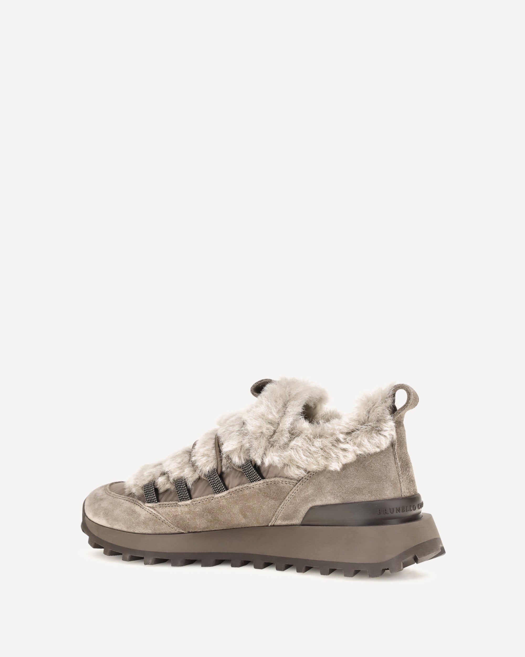 Brunello Cucinelli Suede and tech cotton Sneakers with shearling lining and monili detail, view 2