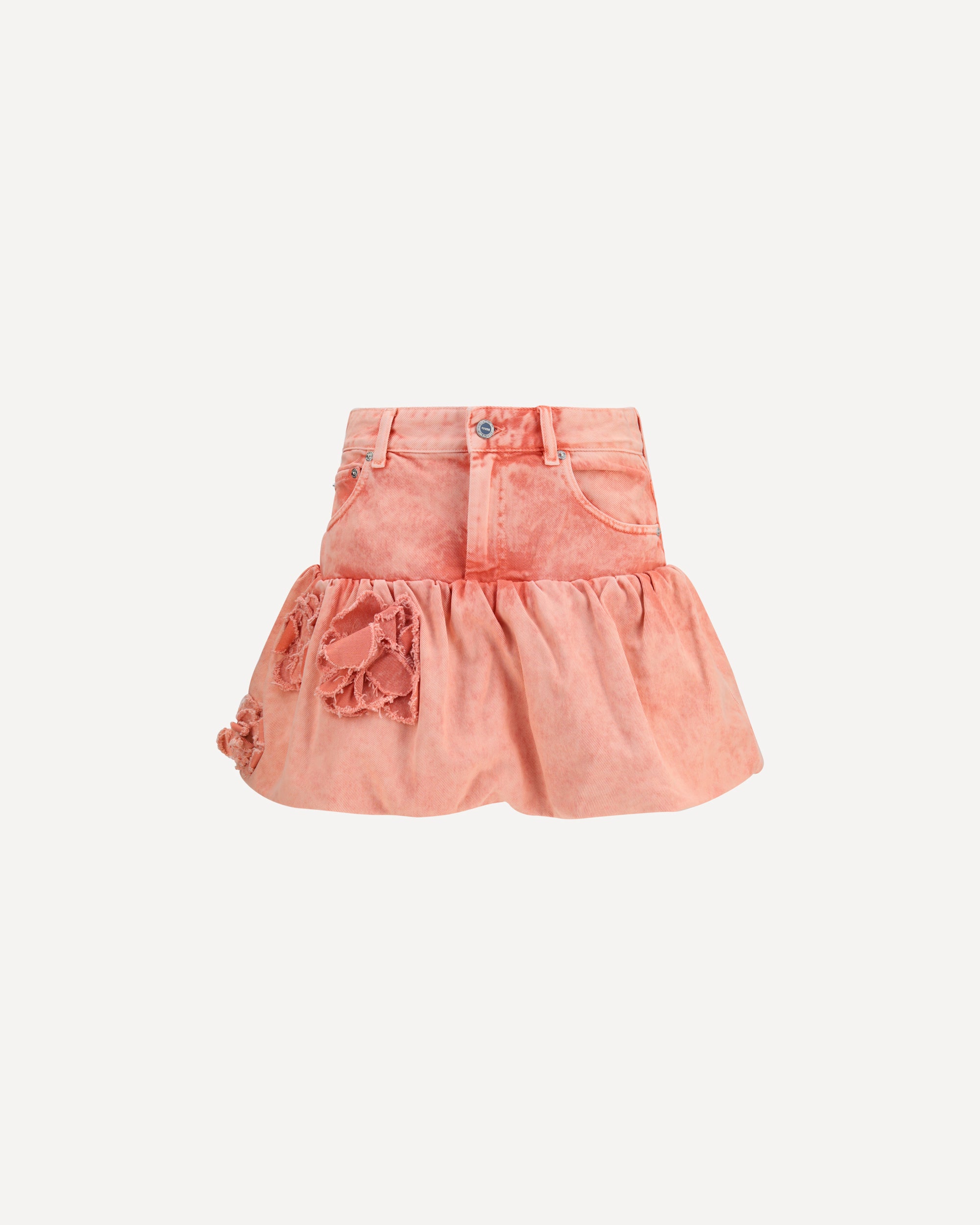 Ganni Mini Bubble Skirt in denim with appliqué roses