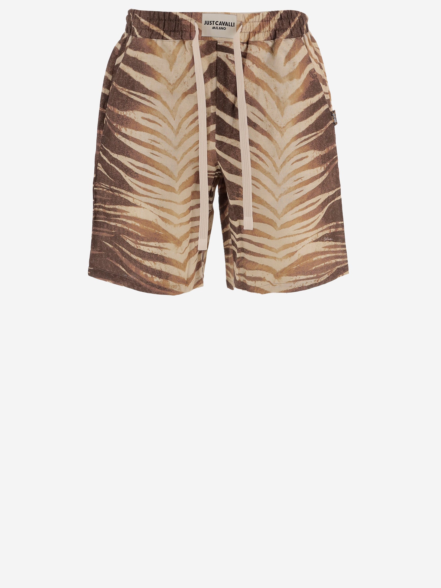 JUST CAVALLI PANTALONI CORTI IN COTONE E LINO CON STAMPA