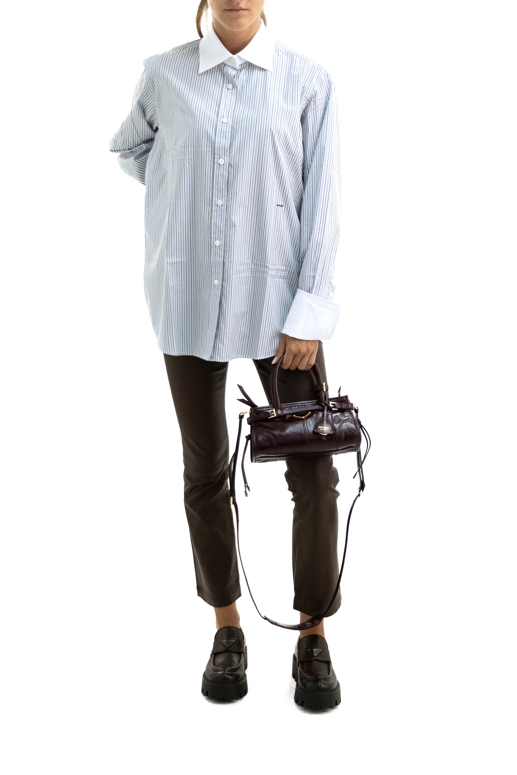 Prada Camicia in cotone a righe di colore azzurro e bianco, view 2