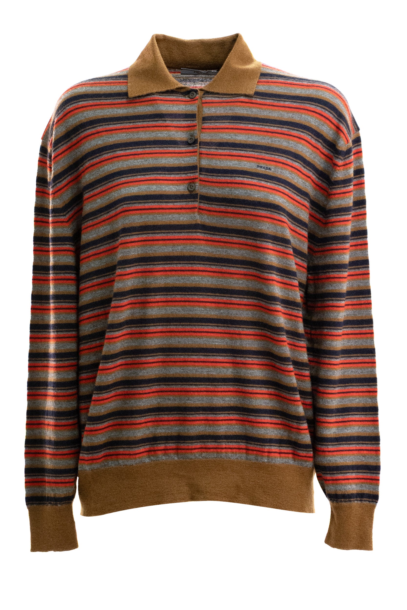 Prada Polo in cashmere a righe di colore marrone, grigio e rosso
