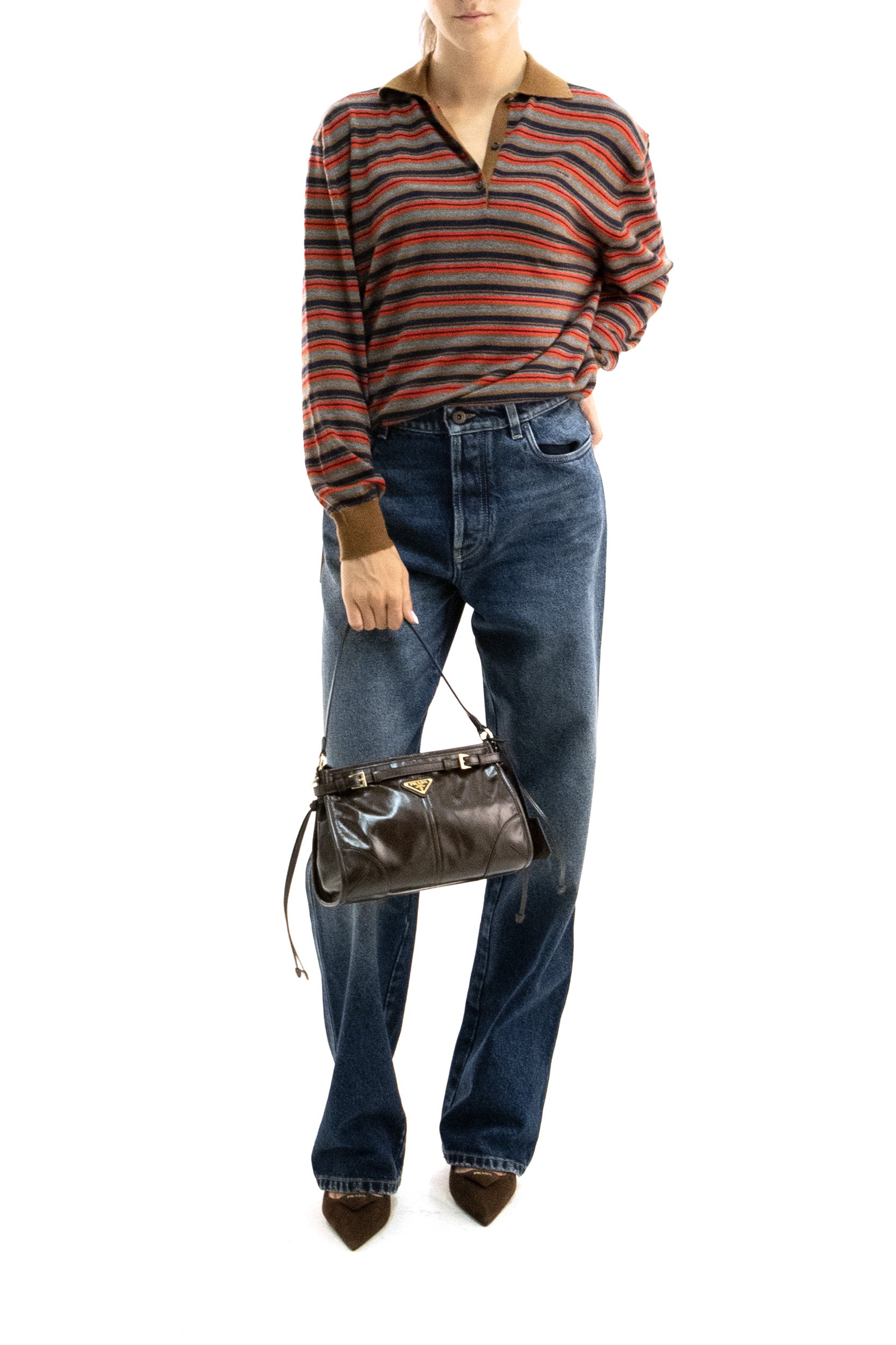 Prada Polo in cashmere a righe di colore marrone, grigio e rosso, view 2