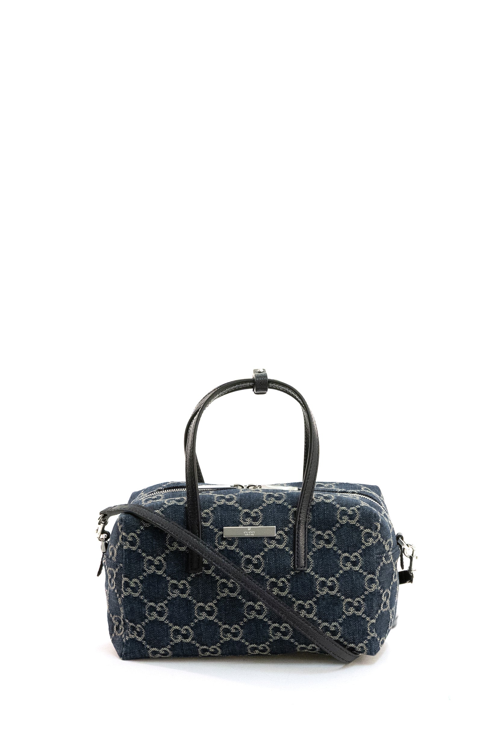 Gucci Borsa Boston piccola in denim GG blu scuro effetto délavé