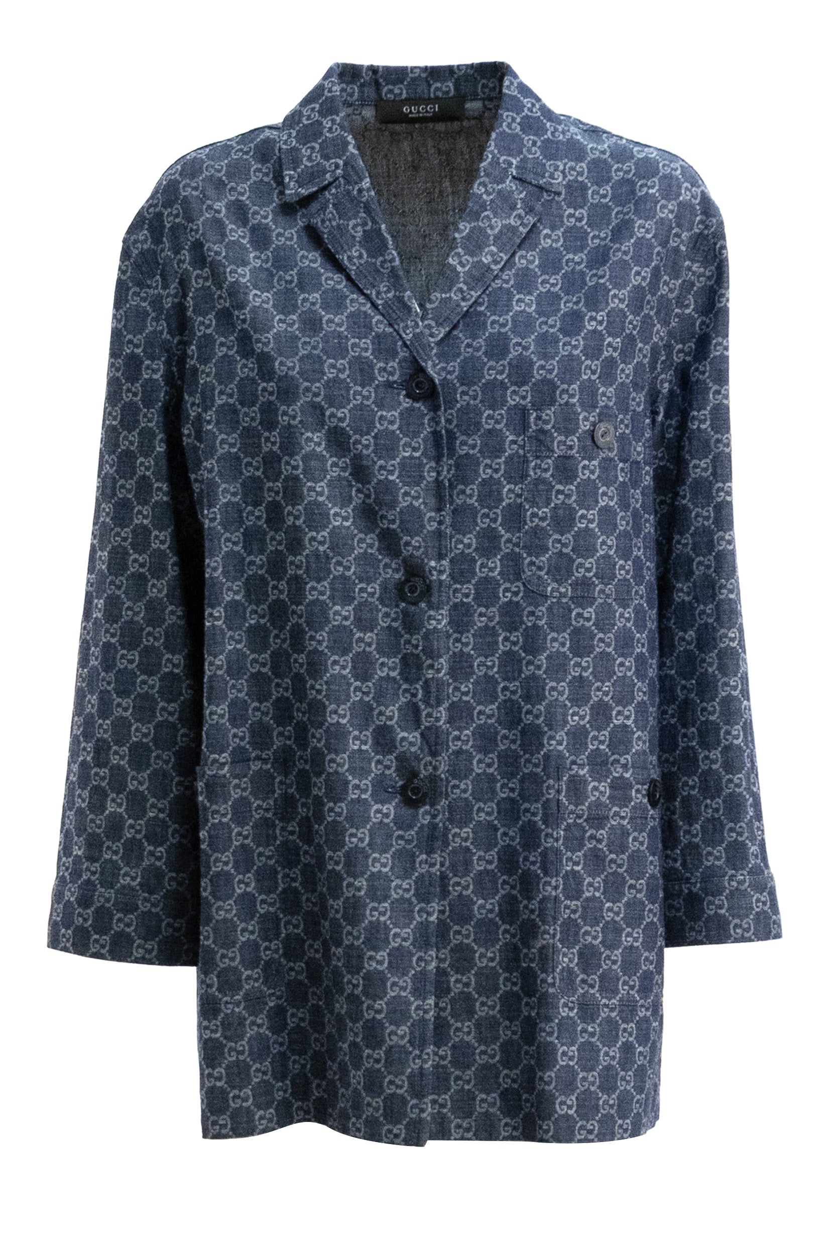 Gucci Giacca in denim di cotone GG jacquard di colore blu