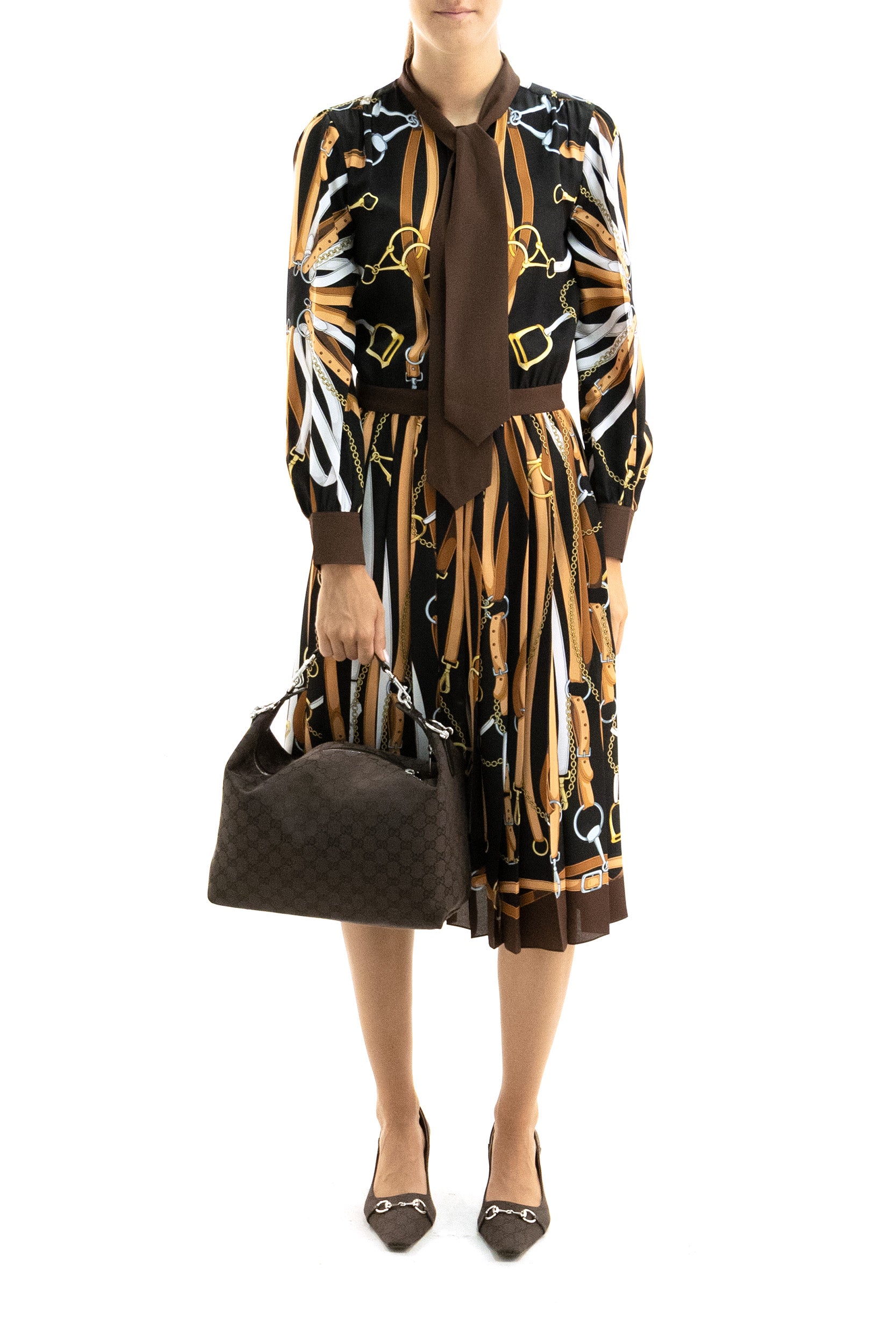 Gucci Abito chemisier in seta di colore nero e marrone, view 2