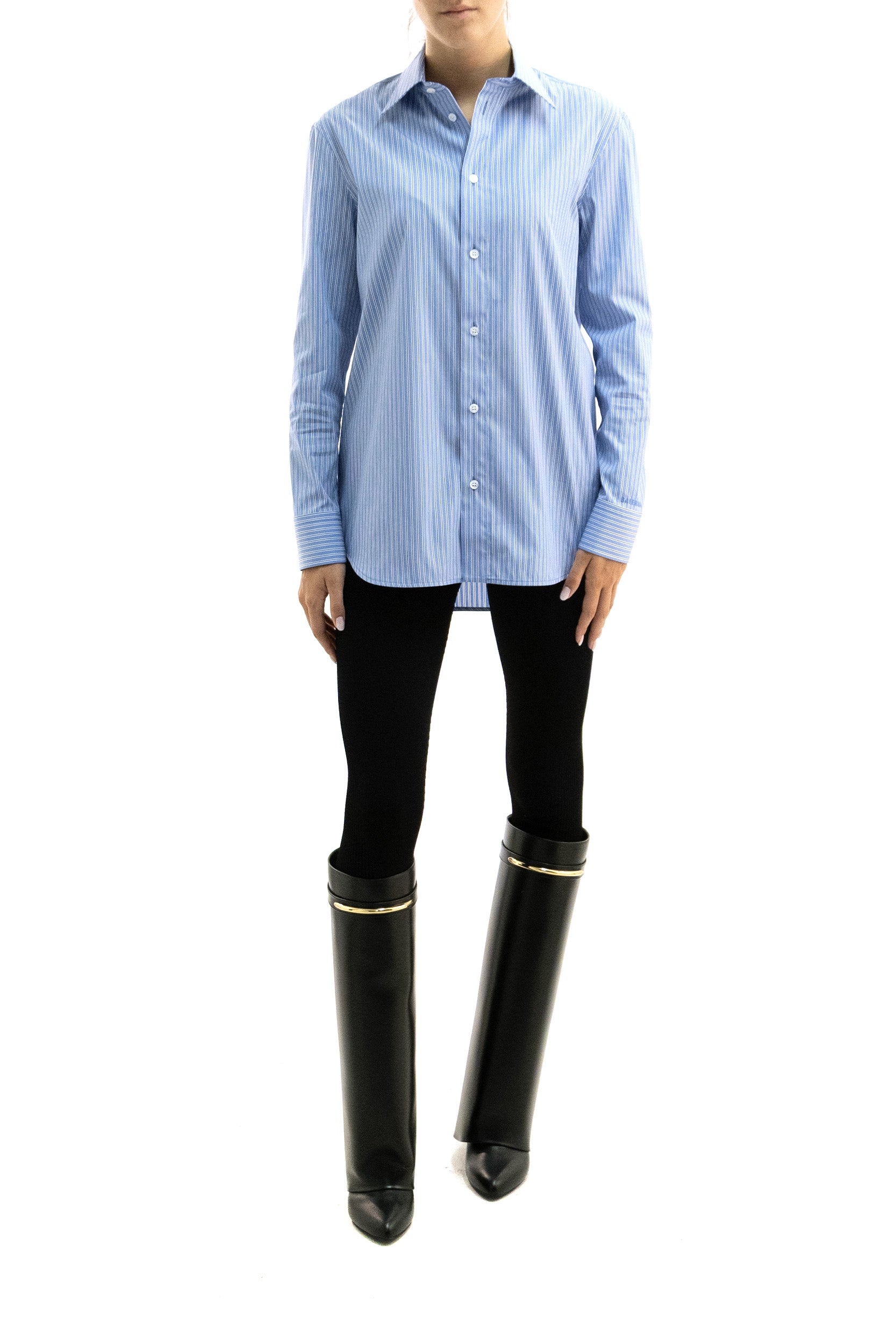 Balenciaga Camicia in popeline tecnico a righe di colore azzurro, bianco e blu, view 2