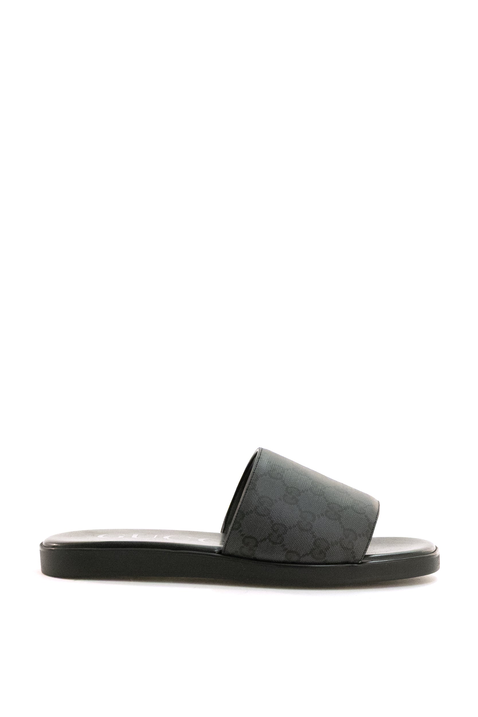 Gucci Sandali slide in tela verniciata GG di colore nero e grigio